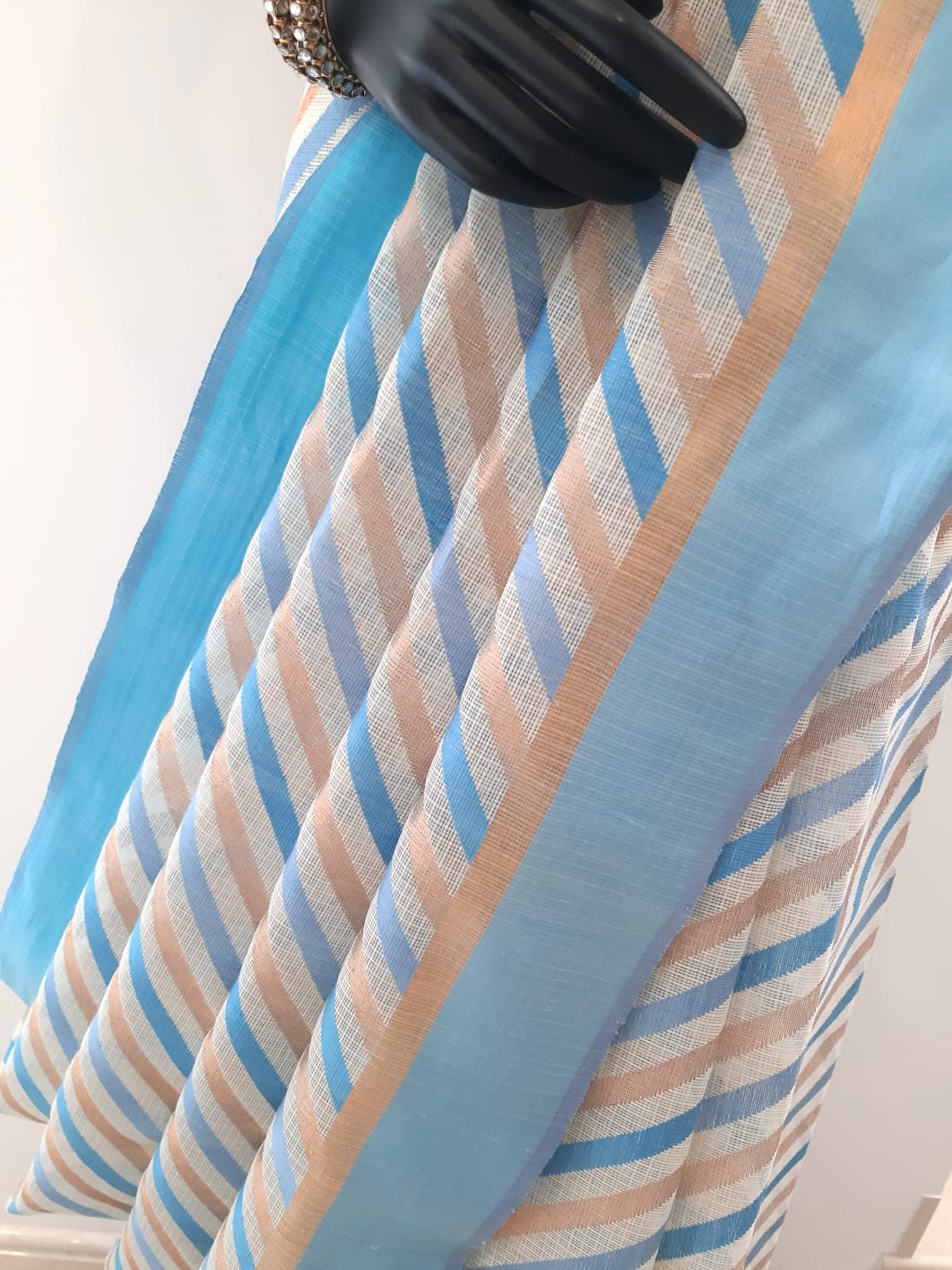 Kotah Cotton Diagonal Stripes 3 colour Leheriya Weave Off-White Saree