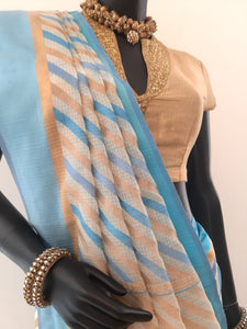 Kotah Cotton Diagonal Stripes 3 colour Leheriya Weave Off-White Saree