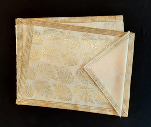 Cream Dupion Silk Fabric With Metallic Foil Leaf Print Table Mat and Lace Trim