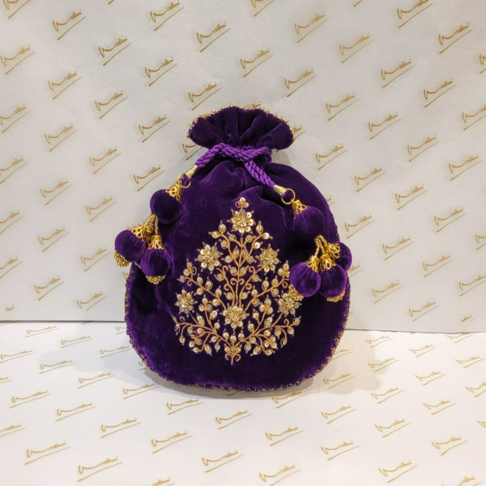 Velvet Dori Embroidery Paan Buta Purple Potli