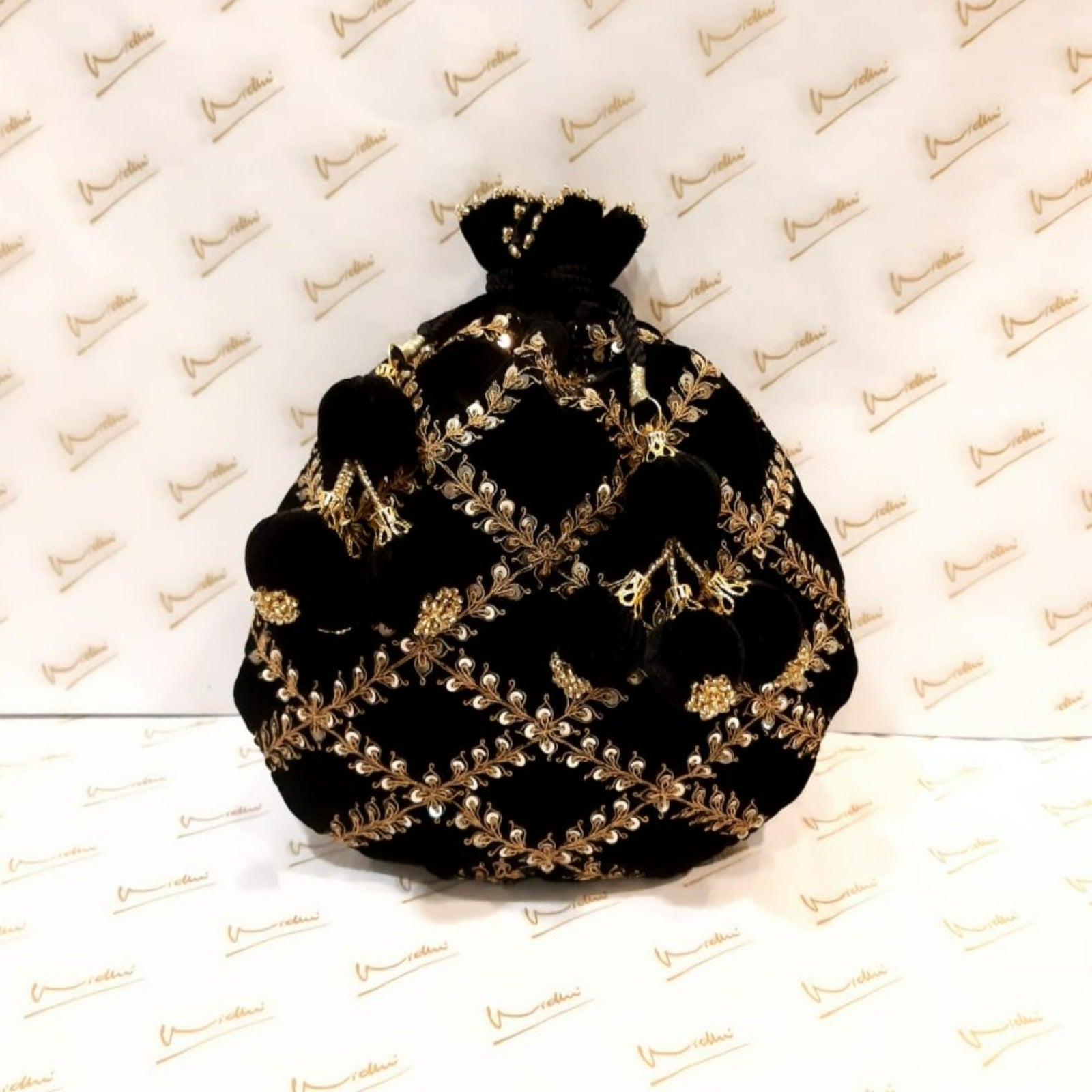Velvet Dori Embroidery Jaal Black Potli