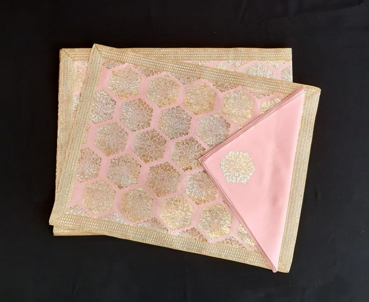 Rose Pink Dupion Silk Fabric With Metallic Foil Buta Print Table Mat and Lace Trim