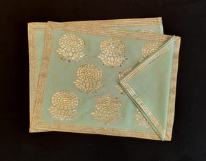 Dupion Silk Marigold Khadi Print with Dori Embroidery Mat Set