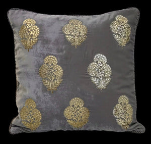 Velvet 3 Flower Buta Double Foil Print With Dori Embroidered Cushion