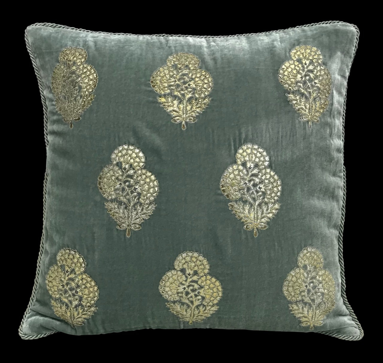 Velvet 3 Flower Buta Double Foil Print With Dori Embroidered Cushion