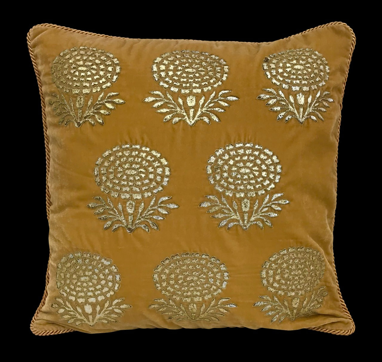 Velvet Marigold Double Foil Print With Dori Embroidered Cushion
