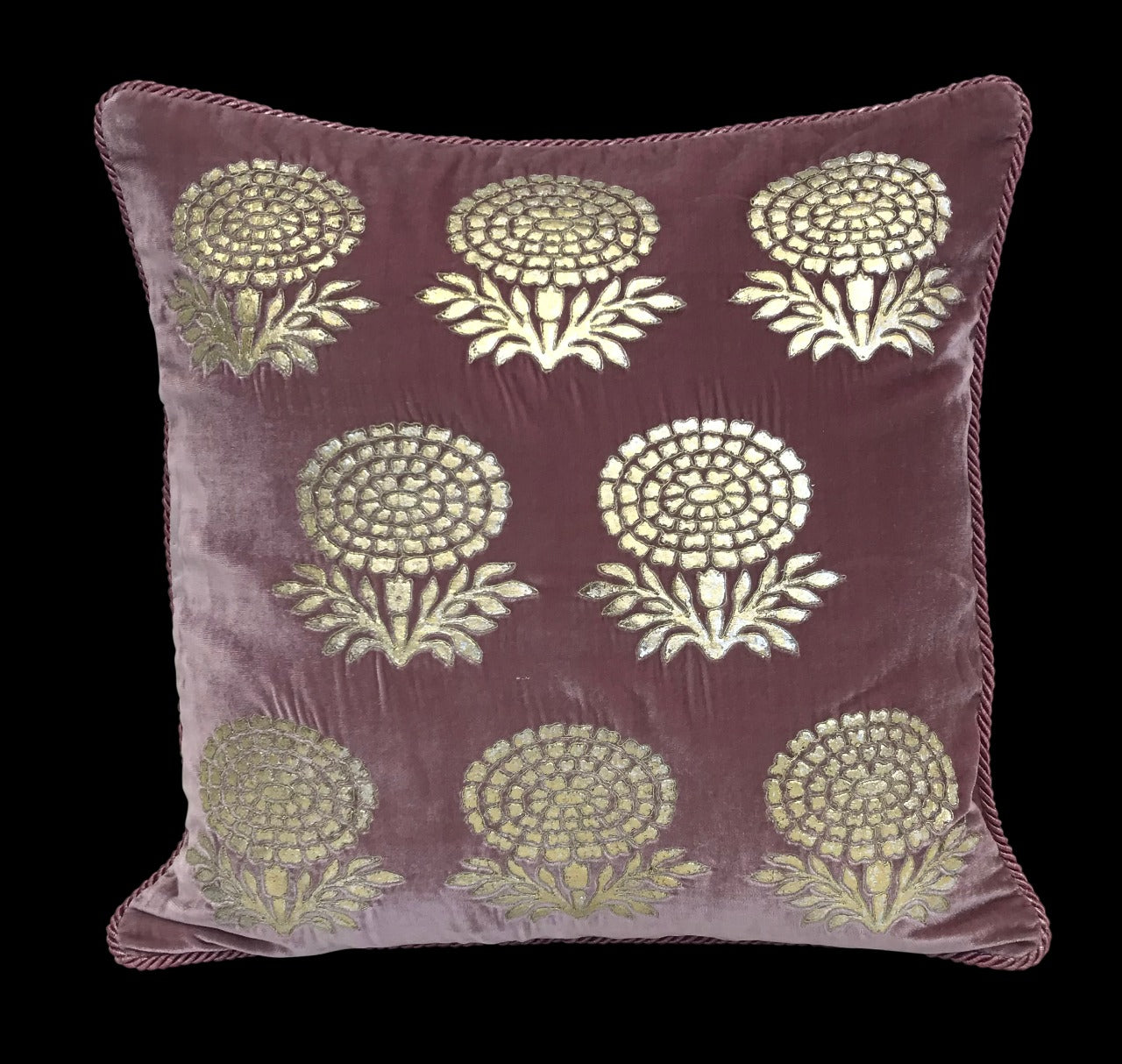 Velvet Marigold Double Foil Print With Dori Embroidered Cushion