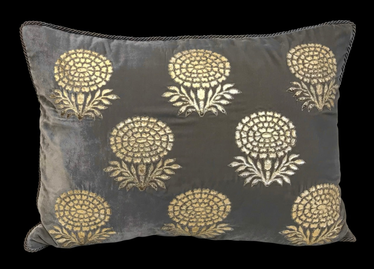 Velvet 3 Flower Buta Double Foil Print With Dori Embroidered Cushion