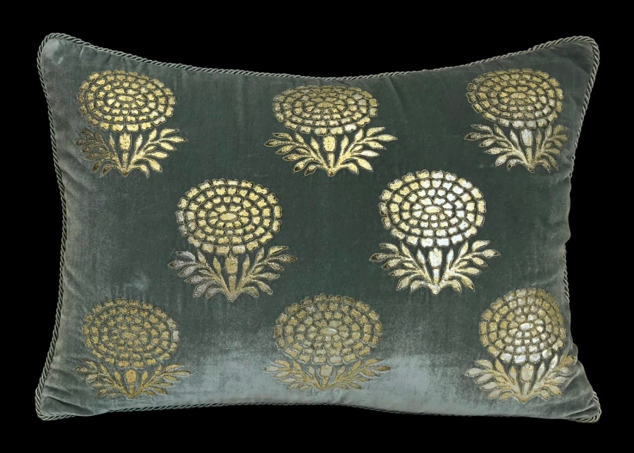 Velvet 3 Flower Buta Double Foil Print With Dori Embroidered Cushion