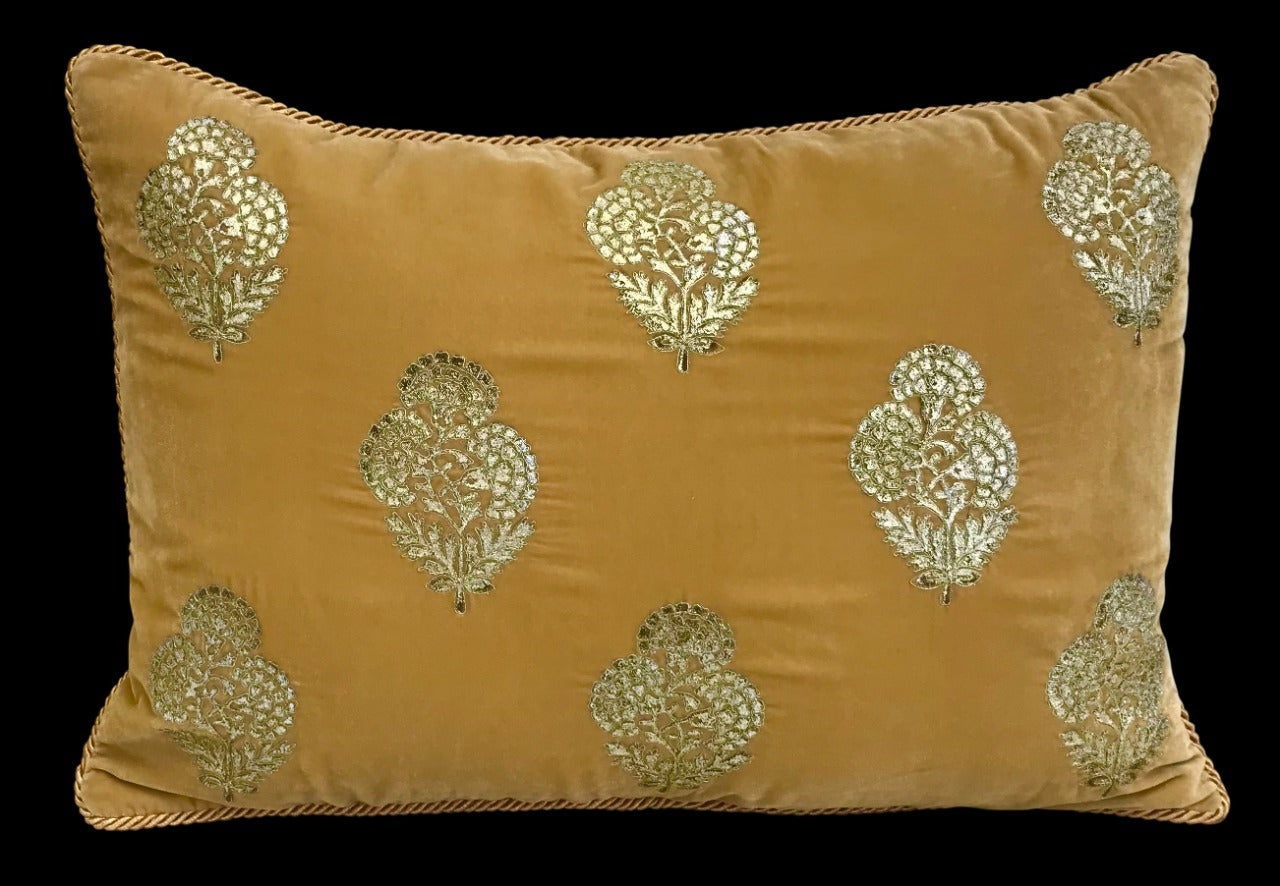 Velvet Marigold Double Foil Print With Dori Embroidered Cushion