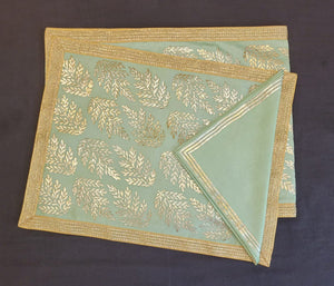 Dupion Silk Gold Leaf Foil Print Sage Green Mat Set