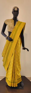 Benaras Satin Flying Birds Motif Yellow Saree
