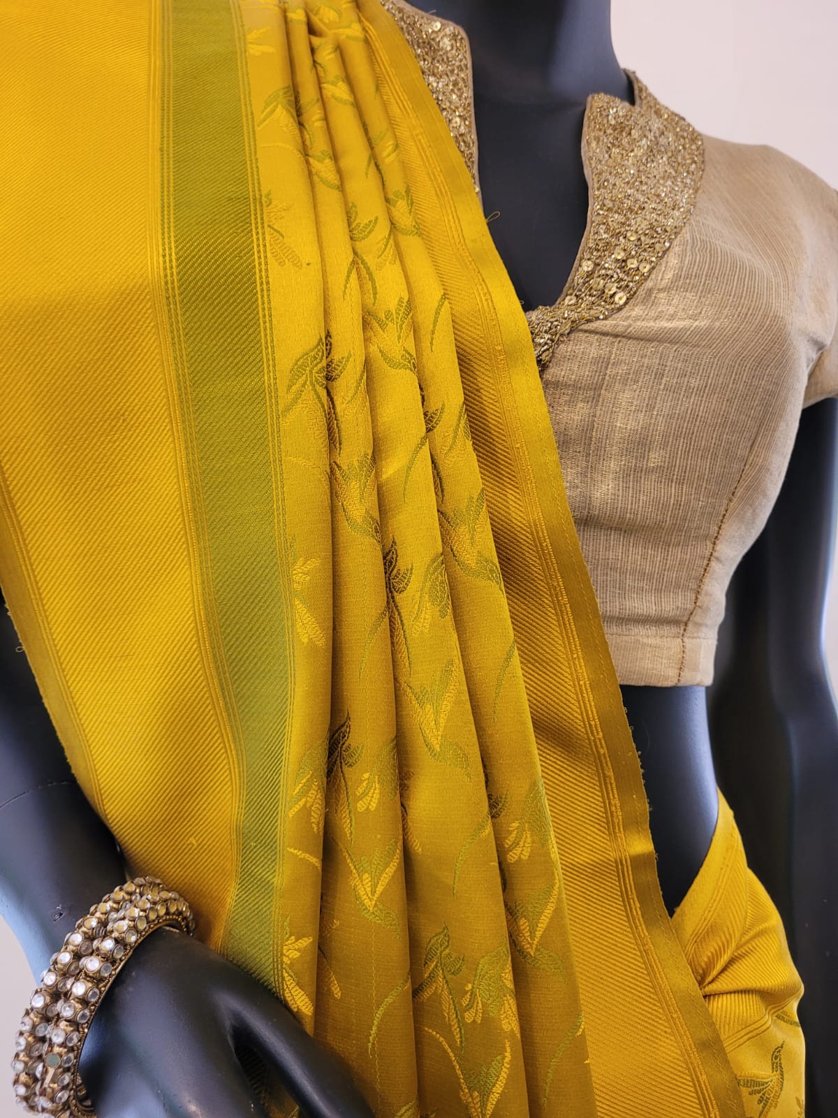 Benaras Satin Flying Birds Motif Yellow Saree