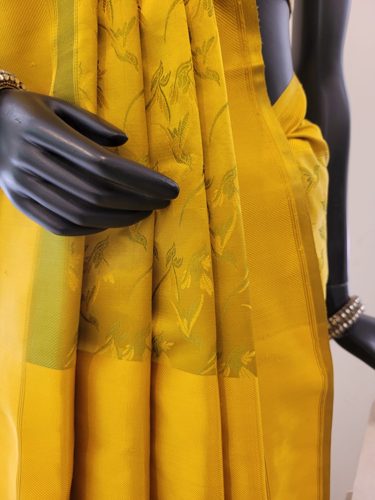Benaras Satin Flying Birds Motif Yellow Saree