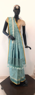 Load image into Gallery viewer, Benaras Satin Flying Birds Motif Yellow Saree
