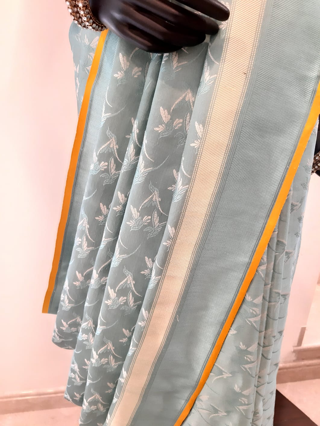 Benaras Satin Flying Birds Motif Yellow Saree