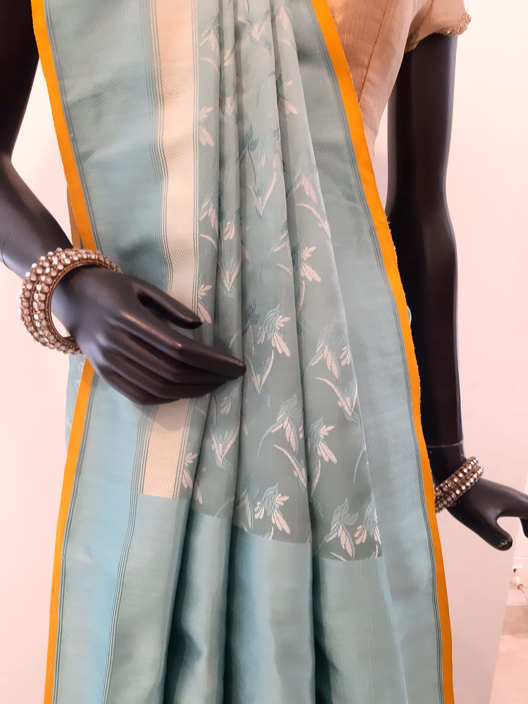 Benaras Satin Flying Birds Motif Yellow Saree