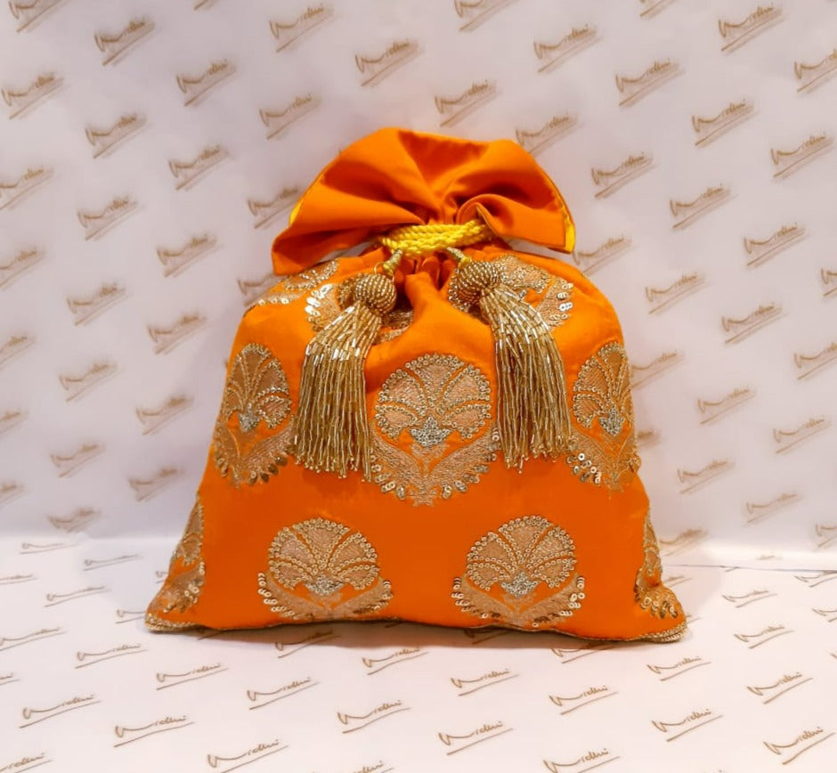 Dupion Silk Pankha Brocade With Embroidery Highlighting Orange Potli
