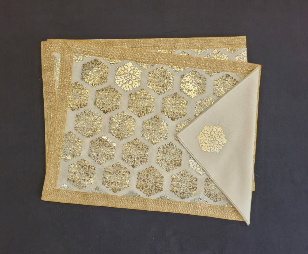 Cream Dupion Silk Fabric With Metallic Foil Buta Print Table Mat and Lace Trim