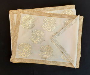 Dupion Silk Marigold Khadi Print with Dori Embroidery Mat Set
