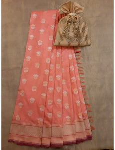 Benaras Silk Lotus Buti Coral Saree