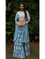 Load image into Gallery viewer, Dupion White Khadi Printed Blue Skirt with Pearl Embroidery
