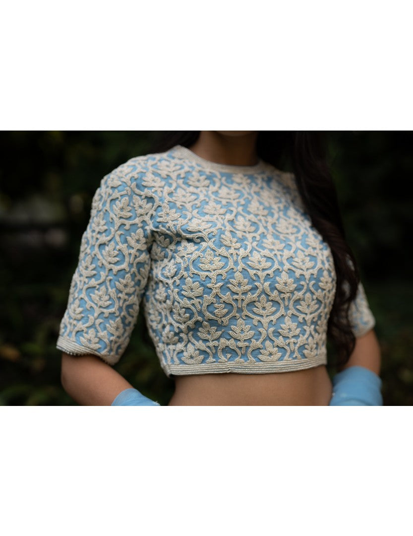 Dupion White Khadi Printed Blue Skirt with Pearl Embroidery