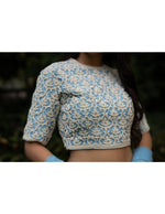 Load image into Gallery viewer, Dupion White Khadi Printed Blue Skirt with Pearl Embroidery
