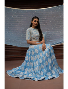Dupion White Khadi Printed Blue Skirt with Pearl Embroidery
