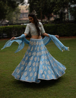 Load image into Gallery viewer, Dupion White Khadi Printed Blue Skirt with Pearl Embroidery
