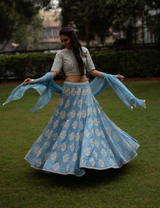 Dupion White Khadi Printed Blue Skirt with Pearl Embroidery