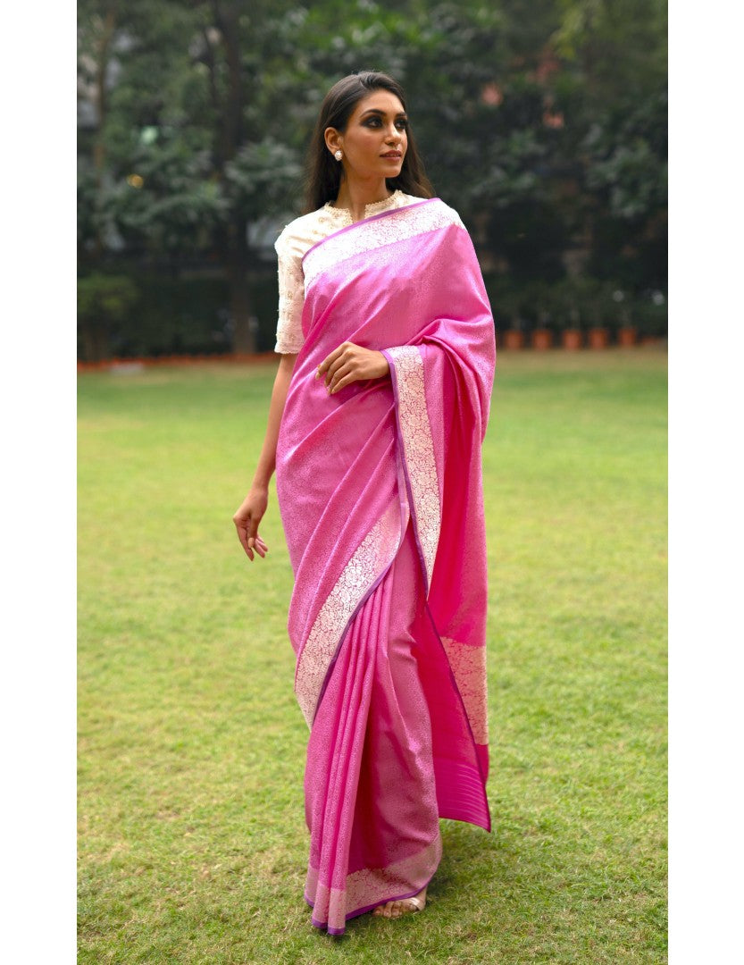 Benaras Rose Gara Satin Pink Saree