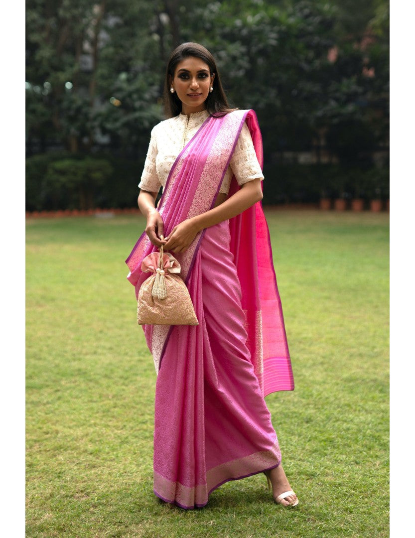 Benaras Rose Gara Satin Pink Saree