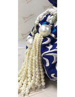 Load image into Gallery viewer, Dupion Silk Resham Embroidery Dark Blue/Off-White Round Potli
