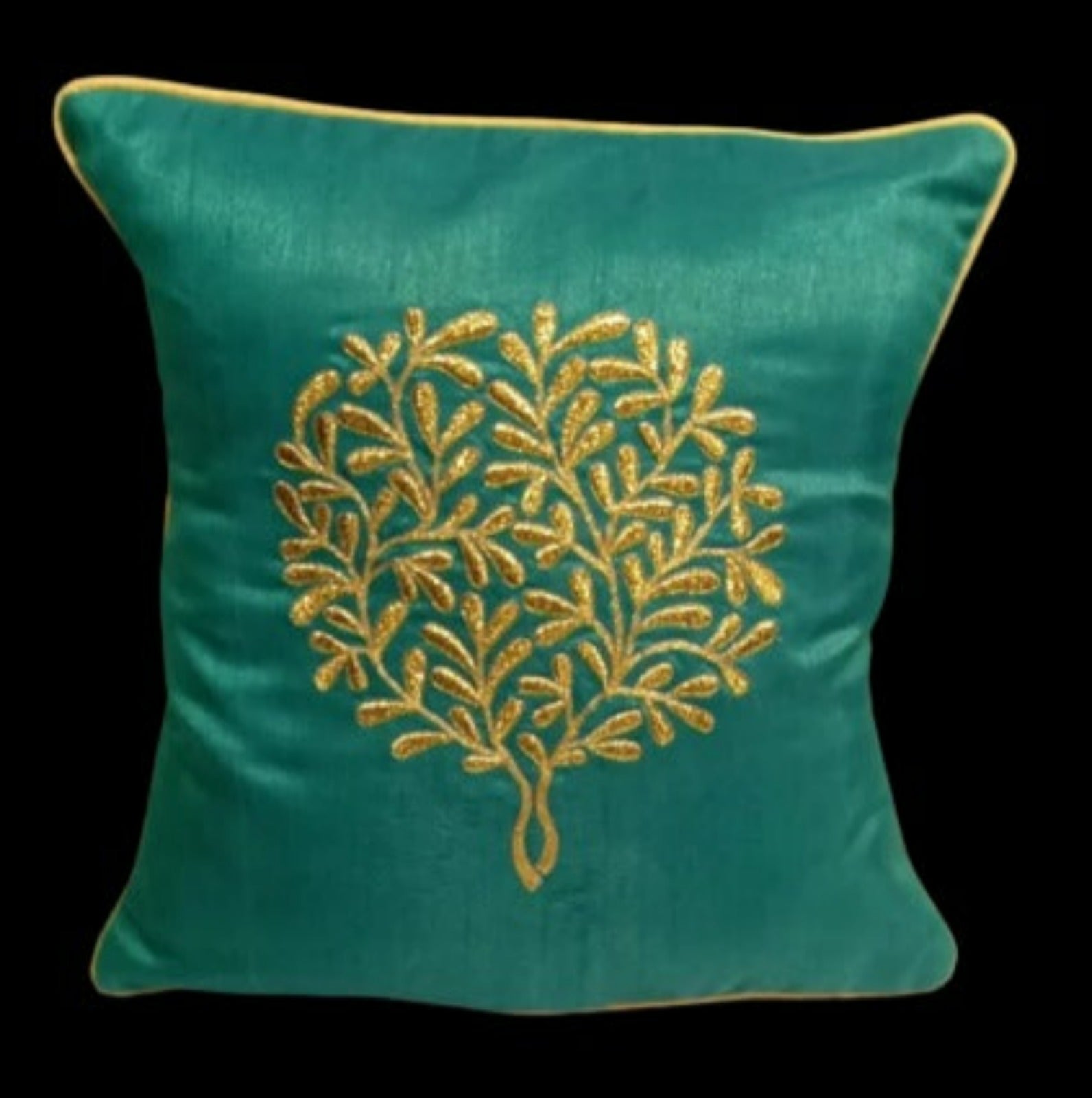 Dupion Silk Badla Dori Tree Embroidered Teal Cushion