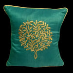 Load image into Gallery viewer, Dupion Silk Badla Dori Tree Embroidered Teal Cushion
