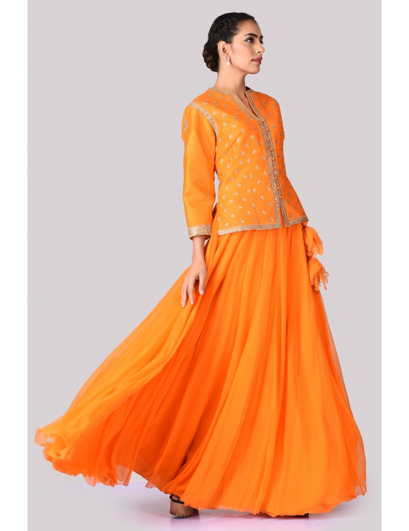 Dupion Silk Jacket with an Orange Chiffon Skirt (On Order Only)
