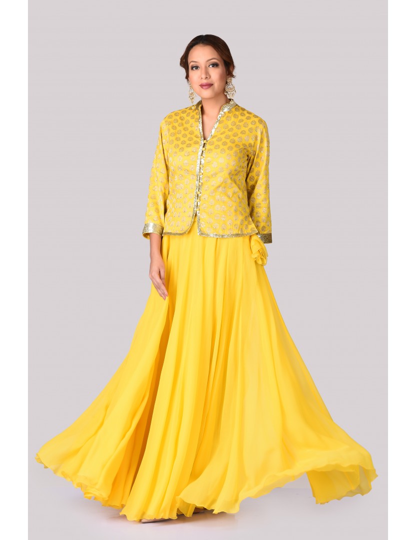 Brocade jacket with a Yellow Chiffon Skirt (On Order Only)