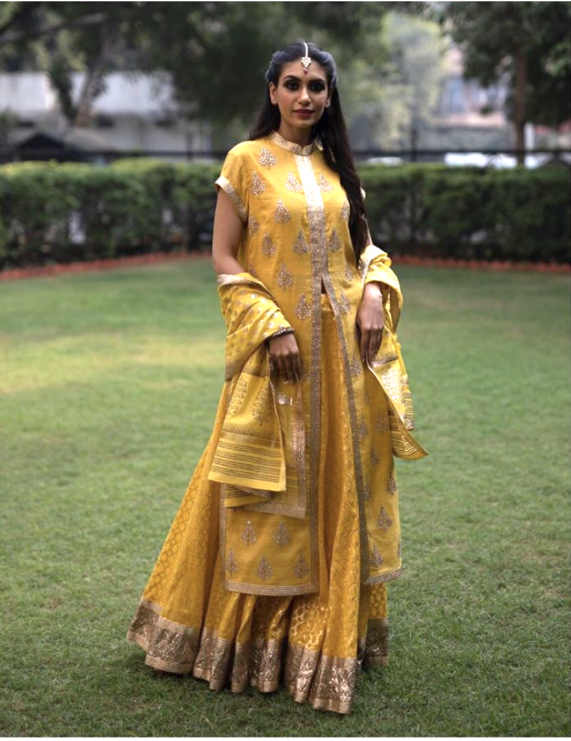 Tissue Chanderi Gota Patti Buta With Chanderi Yellow Skirt (On order only)