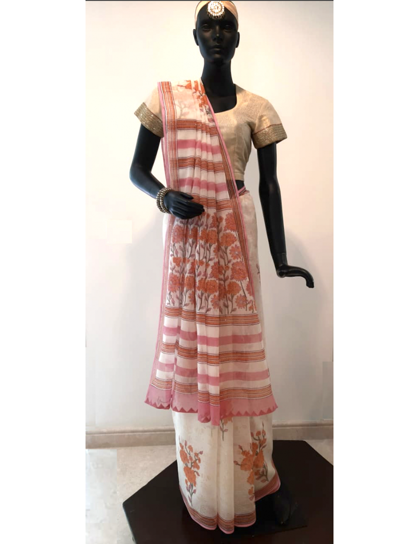 Kota Flower Jaal Printed Ivory Saree with Mukiesh